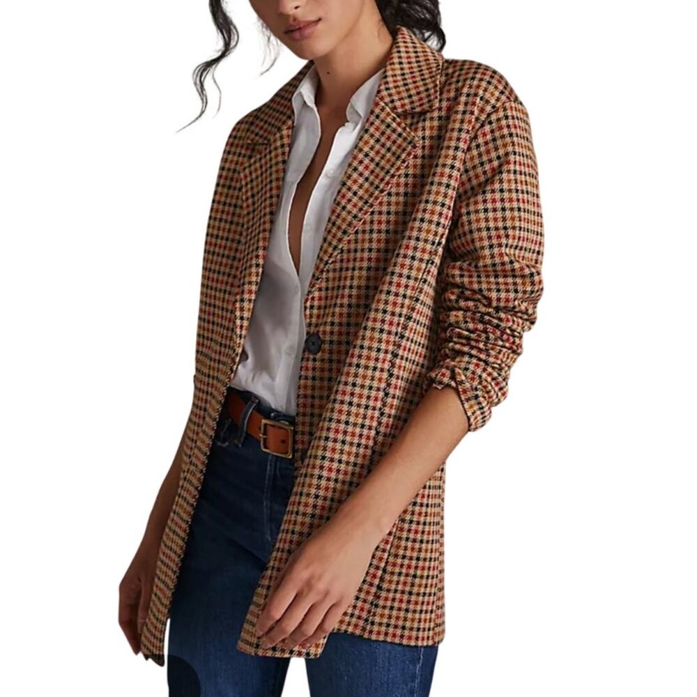 Avec Les Filles Longline Plaid Blazer Jacket Tan Red Black L
